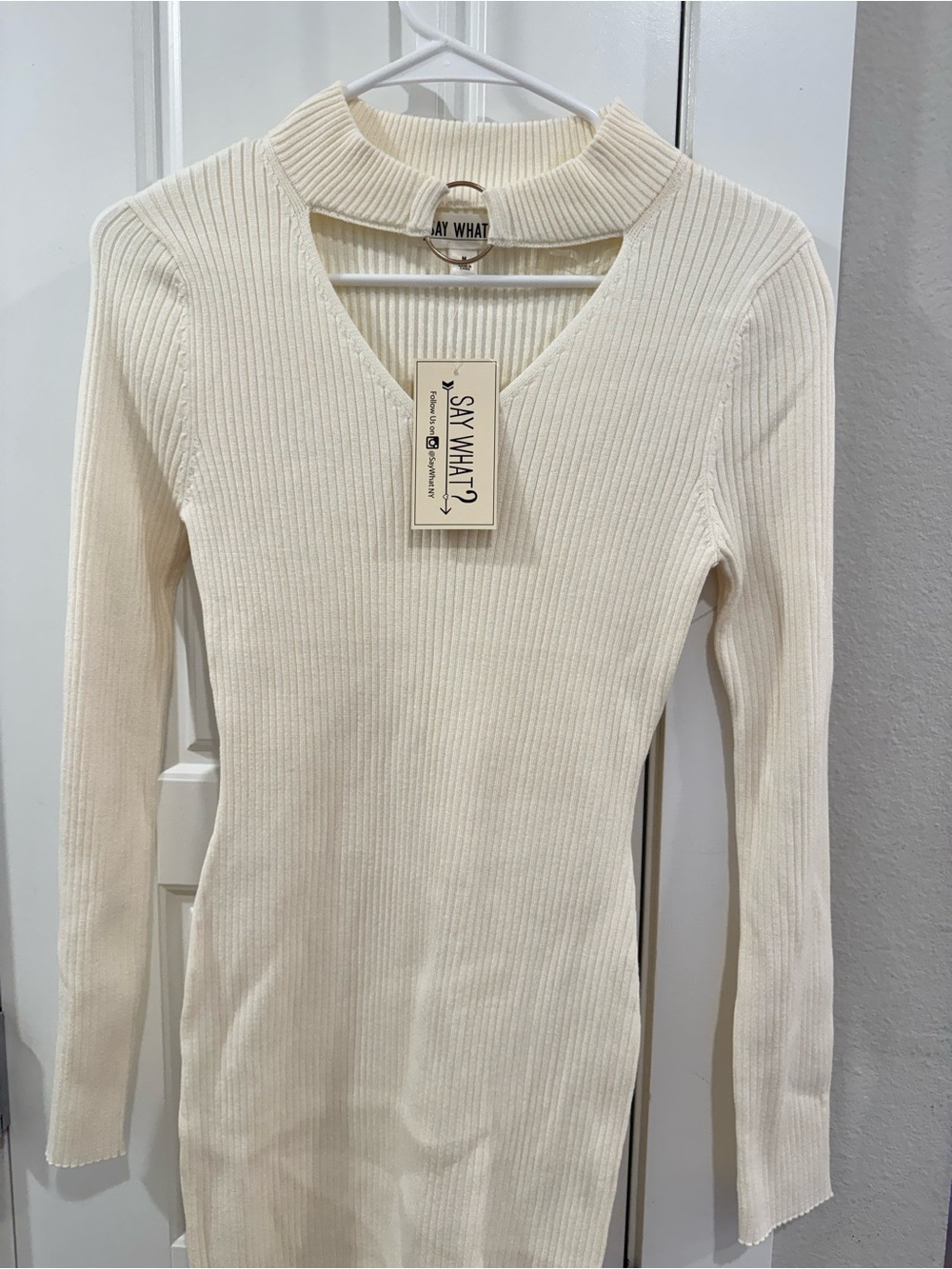 Say What? Women's Ivory Ribbed V-Neck Sweater